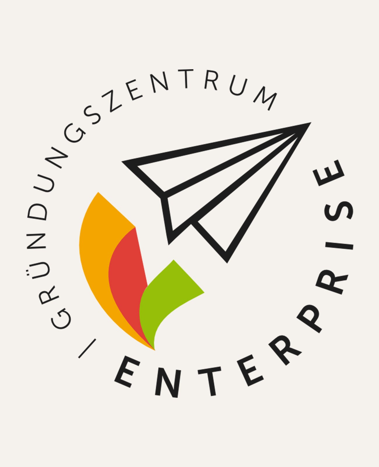 Logo des Gründungszentrums Enterprise mit einem stilisierten Papierflieger und farbigen Flammen in Orange, Rot und Grün