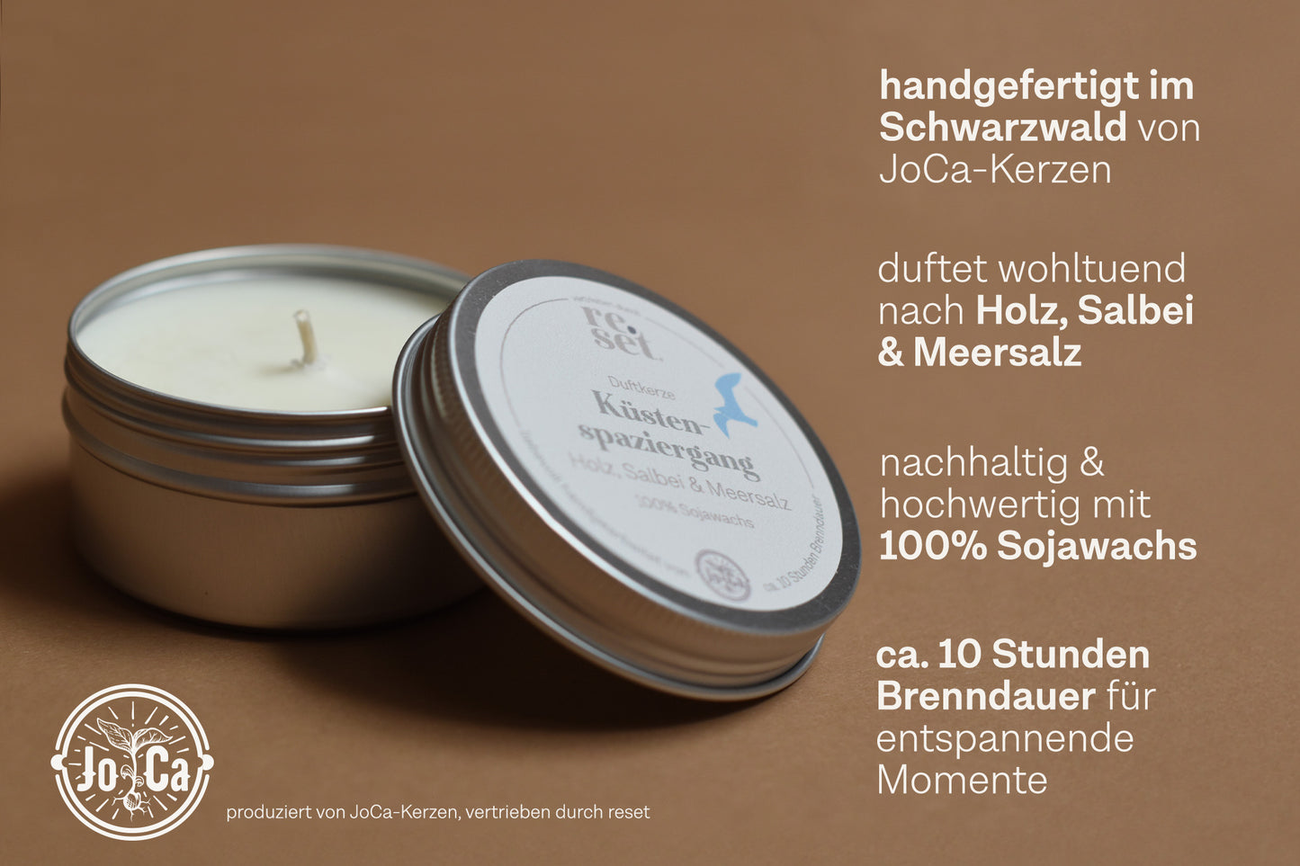 Handgefertigte Kerze von JoCa-Kerzen aus dem Schwarzwald, Duft nach Holz, Salbei und Meersalz, 100% Sojawachs, Brenndauer ca. 10 Stunden
