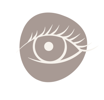Stilisierte hellbeige Augenskizze auf graubraunem Kreis 
