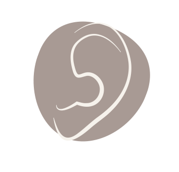 Stilisierte hellbeige Ohrskizze auf graubraunem Kreis 