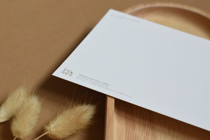 Rückseite einer weißen Postkarte mit kleinem Logo 'reset' auf braunem Untergrund mit getrockneten Gräsern und Holztablett